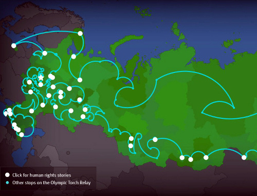 "Alternative Map of Olympic Torch Relay" at the site of the international Human Rights Watch, http://www.hrw.org/ru/news/2013/10/07/rossiya-drugaya-storona-estafety-olimpiiskogo-ognya "Alternative Map of Olympic Torch Relay" at the site of the international Human Rights Watch, http://www.hrw.org/ru/news/2013/10/07/rossiya-drugaya-storona-estafety-olimpiiskogo-ognya
