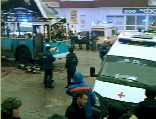 Volgograd, December 30, 2013. Blown-up trolley-bus at the tram stop "Kachinsky market". Still photo of a video footage by Alexei Ulianov at Instagram, http://instagram.com/p/iiIokbBbsP Volgograd, December 30, 2013. Blown-up trolley-bus at the tram stop "Kachinsky market". Still photo of a video footage by Alexei Ulianov at Instagram, http://instagram.com/p/iiIokbBbsP