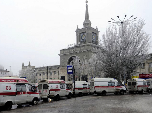 Volgograd, December 30, 2013. Ambulance cars near railway station. Photo by the press service of the Volgograd regional government, http://www.volganet.ru/ Volgograd, December 30, 2013. Ambulance cars near railway station. Photo by the press service of the Volgograd regional government, http://www.volganet.ru/