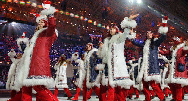 Russian team during the Parade of Nations at the Sochi 2014 Opening Ceremony, Sochi, February 7, 2014, Photo by Alexei Kudenko, RIA Novosti Russian team during the Parade of Nations at the Sochi 2014 Opening Ceremony, Sochi, February 7, 2014, Photo by Alexei Kudenko, RIA Novosti