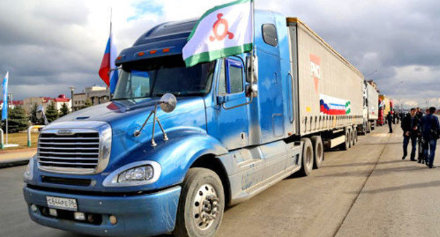 One of four trucks with humanitarian aid for the people of Crimea which was sent from Magas to Simferopol. Ingushetia, March 13, 2014. Photo by the press service of the president of the republic of Ingushetia One of four trucks with humanitarian aid for the people of Crimea which was sent from Magas to Simferopol. Ingushetia, March 13, 2014. Photo by the press service of the president of the republic of Ingushetia