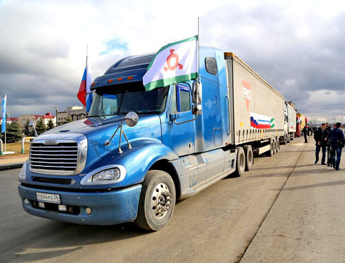 One of four trucks with humanitarian aid for the people of Crimea which was sent from Magas to Simferopol. Ingushetia, March 13, 2014. Photo by the press service of the president of the republic of Ingushetia One of four trucks with humanitarian aid for the people of Crimea which was sent from Magas to Simferopol. Ingushetia, March 13, 2014. Photo by the press service of the president of the republic of Ingushetia