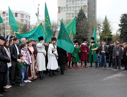 Representatives of Circassian community on the day of Circassian flag in Nalchik, April 25, 2013. Photo: Astemir Kyebarde, https://www.facebook.com/ridada.adigow Representatives of Circassian community on the day of Circassian flag in Nalchik, April 25, 2013. Photo: Astemir Kyebarde, https://www.facebook.com/ridada.adigow