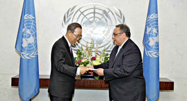 Yashar ALiev (to the right) - a new Azerbaijan's Permanent Representative to the United Nations - presents letters of credence to Pan Gi Mun, Secretary General of the United Nations, June 2014. Photo: UN Photo ? Paulo Filgueiras http://www.unmultimedia.org/photo/detail.jsp?id=591/591439&key=7&query=azerbaijan&lang=en&sf= Yashar ALiev (to the right) - a new Azerbaijan's Permanent Representative to the United Nations - presents letters of credence to Pan Gi Mun, Secretary General of the United Nations, June 2014. Photo: UN Photo ? Paulo Filgueiras http://www.unmultimedia.org/photo/detail.jsp?id=591/591439&key=7&query=azerbaijan&lang=en&sf=