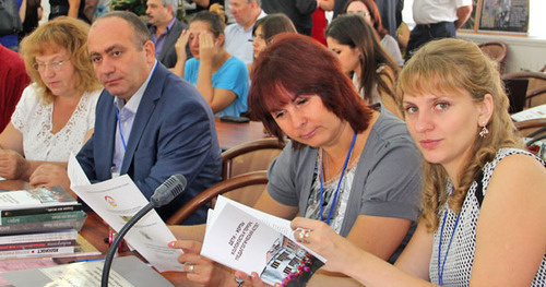 Participants of the second international forum "Children are the victims of terror in recent history: the problem of historical memory" dated to the 10th anniversary of the tragedy in Beslan. North Ossetia, Vladikavkaz, September 3, 2014. Photo by Khariton Kabisov for the ‘Caucaisian Knot’. Participants of the second international forum "Children are the victims of terror in recent history: the problem of historical memory" dated to the 10th anniversary of the tragedy in Beslan. North Ossetia, Vladikavkaz, September 3, 2014. Photo by Khariton Kabisov for the ‘Caucaisian Knot’.