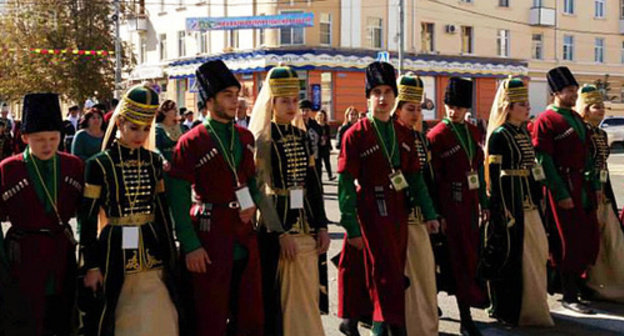 Participants of the Sixth International Festival of Adyg (Circassian) Culture marching in the streets of Maikop. October 2, 2014. Photo by the press service of the Ministry for Culture of Adygea https://www.facebook.com/groups/685045851584727/photos Participants of the Sixth International Festival of Adyg (Circassian) Culture marching in the streets of Maikop. October 2, 2014. Photo by the press service of the Ministry for Culture of Adygea https://www.facebook.com/groups/685045851584727/photos