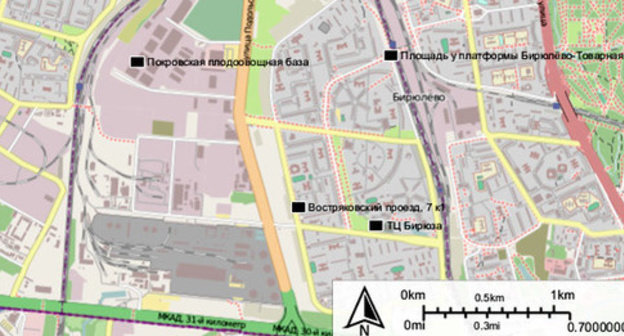 On the map black dots are placed on the sites where mass riots in Biryulyovo occured. Photo: Own https://ru.wikipedia.org On the map black dots are placed on the sites where mass riots in Biryulyovo occured. Photo: Own https://ru.wikipedia.org