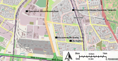 On the map black dots are placed on the sites where mass riots in Biryulyovo occured. Photo: Own https://ru.wikipedia.org On the map black dots are placed on the sites where mass riots in Biryulyovo occured. Photo: Own https://ru.wikipedia.org