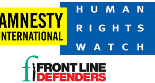 Logos of the international human rights organizations "Human Rights Watch" (HRW), "Amnesty International" (AI) and "Front Line Defenders" (FLD). Collage by the "Caucasian Knot" Logos of the international human rights organizations "Human Rights Watch" (HRW), "Amnesty International" (AI) and "Front Line Defenders" (FLD). Collage by the "Caucasian Knot"