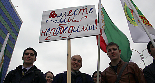 Students at the rally in support of Crimea, Grozny, March 18, 2015. Photo by Akhmed Aldebirov for the ‘Caucasian Knot’. Students at the rally in support of Crimea, Grozny, March 18, 2015. Photo by Akhmed Aldebirov for the ‘Caucasian Knot’.