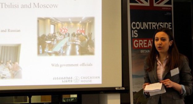 Moderator of the "Caucasian House" projects Ana Dvali talks about the projects of the organization in Southern Caucasus. Tbilisi, March 31, 2015. Photo courtesy of the "Caucasian House" Moderator of the "Caucasian House" projects Ana Dvali talks about the projects of the organization in Southern Caucasus. Tbilisi, March 31, 2015. Photo courtesy of the "Caucasian House"