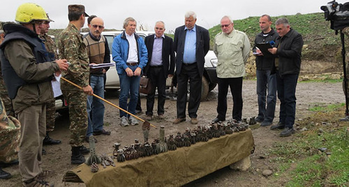 Prior to OSCE monitoring at the contact line, the Defence Army of Nagorno-Karabakh has presented to co-Chairs of the OSCE Minsk Group parts of unexploded shells of heavy artillery. According to the Defence Army of Nagorno-Karabakh, the Azerbaijani armed forces used them to shell the Karabakh territory, October 27, 2015. Photo by Alvard Grigoryan for the ‘Caucasian Knot’. Prior to OSCE monitoring at the contact line, the Defence Army of Nagorno-Karabakh has presented to co-Chairs of the OSCE Minsk Group parts of unexploded shells of heavy artillery. According to the Defence Army of Nagorno-Karabakh, the Azerbaijani armed forces used them to shell the Karabakh territory, October 27, 2015. Photo by Alvard Grigoryan for the ‘Caucasian Knot’.