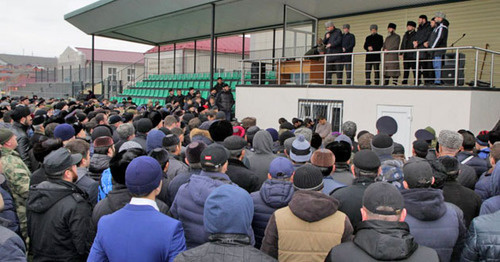 Public condemnation against young men who had set ziyart in the village of Kurchaloi on fire was voiced in school No. 1 named after Akhmad-Khadzhi Kadyrov in Tsentaroy village of the Kurchaloi District. November 18, 2015. Photo by the news agency Grozny Inform http://grozny-inform.ru/news/society/66197/ Public condemnation against young men who had set ziyart in the village of Kurchaloi on fire was voiced in school No. 1 named after Akhmad-Khadzhi Kadyrov in Tsentaroy village of the Kurchaloi District. November 18, 2015. Photo by the news agency Grozny Inform http://grozny-inform.ru/news/society/66197/