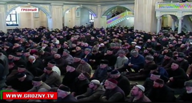 Gathering of followers of tarikats (Sufi brotherhoods) of Naqshbandi and Kadarin Grozny, February 2, 2016. Photo: screenshot of video footage by TV company ‘Grozny’, http://grozny.tv/news.php?id=10397 Gathering of followers of tarikats (Sufi brotherhoods) of Naqshbandi and Kadarin Grozny, February 2, 2016. Photo: screenshot of video footage by TV company ‘Grozny’, http://grozny.tv/news.php?id=10397