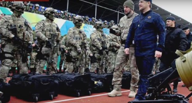 Ramzan Kadyrov in the sub-unit of the Chechen spetsnaz (special troops). Screenshot of a story shown on TV Channel "Russia-1" Ramzan Kadyrov in the sub-unit of the Chechen spetsnaz (special troops). Screenshot of a story shown on TV Channel "Russia-1"
