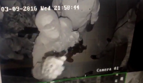 Attackers on the JMG office in Ingushetia. Screenshot of a video from the surveillance camera published in Dmitry Utukin's Twitter, Twitter.com/U2_Keen