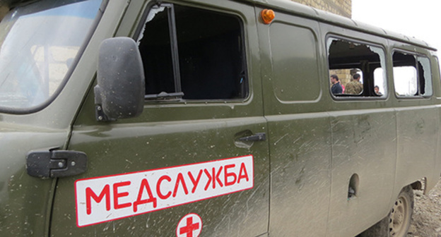 An ambulance car shelled during the warfare. Martakert region, April 6, 2016. Photo by Alvard Grigoryan for the "Caucasian Knot" An ambulance car shelled during the warfare. Martakert region, April 6, 2016. Photo by Alvard Grigoryan for the "Caucasian Knot"