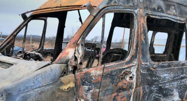 Bashir Pliev's burnt minivan. March 10, 2016. Photo courtesy of Ingush Ombudsman Djambulat Ozdoev Bashir Pliev's burnt minivan. March 10, 2016. Photo courtesy of Ingush Ombudsman Djambulat Ozdoev