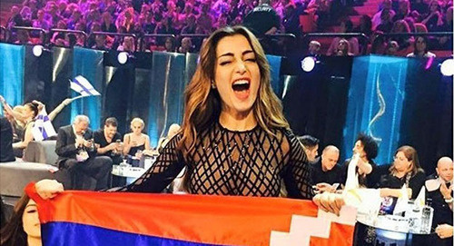 Iveta Mukuchyan holds flag of Nagorno-Karabakh on the air of "Eurovision-2016". Photo: blog.mediamall, http://sputnikarmenia.ru/karabah/20160511/3409133.html Iveta Mukuchyan holds flag of Nagorno-Karabakh on the air of "Eurovision-2016". Photo: blog.mediamall, http://sputnikarmenia.ru/karabah/20160511/3409133.html