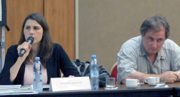 The participants of the roundtable Yekaterina Sokiryanskaya and Alexander Cherkasov. Screenshot of a video of the roundtable, YouTube.com The participants of the roundtable Yekaterina Sokiryanskaya and Alexander Cherkasov. Screenshot of a video of the roundtable, YouTube.com