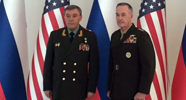 Meeting of Valery Gerasimov and Joseph Dunford, chiefs of general headquarters of Russia and the United States, Baku. Photo provided by the US Chiefs of Staff Committee, http://haqqin.az/news/92765 Meeting of Valery Gerasimov and Joseph Dunford, chiefs of general headquarters of Russia and the United States, Baku. Photo provided by the US Chiefs of Staff Committee, http://haqqin.az/news/92765