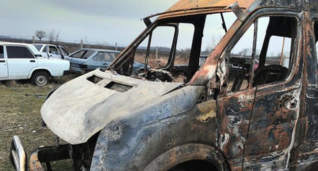 Burnt car of the members of the "Committee against Torture". March 10, 2016. Photo courtesy of Djambulat Ozdoev, Ombudsman of Ingushetia Burnt car of the members of the "Committee against Torture". March 10, 2016. Photo courtesy of Djambulat Ozdoev, Ombudsman of Ingushetia