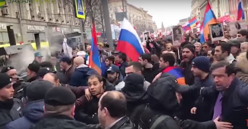 Conflict between representatives of Azerbaijani and Armenian delegations at "Immortal Regiment" action in Moscow, May 9, 2017. Screenshot of YouTube video: https://www.youtube.com/watch?v=DzytTF3mso0 Conflict between representatives of Azerbaijani and Armenian delegations at "Immortal Regiment" action in Moscow, May 9, 2017. Screenshot of YouTube video: https://www.youtube.com/watch?v=DzytTF3mso0