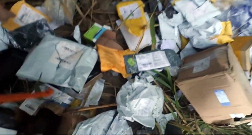 Packages from Russian Post parcels found in Rostov-on-Don. Screenshot of video record posted on Youtube by resident who had found it. Packages from Russian Post parcels found in Rostov-on-Don. Screenshot of video record posted on Youtube by resident who had found it.