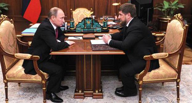 A meeting of the Russian President Vladimir Putin with Ramzan Kadyrov, the head of Chechnya. Photo http://kremlin.ru/events/president/news/50909/photos A meeting of the Russian President Vladimir Putin with Ramzan Kadyrov, the head of Chechnya. Photo http://kremlin.ru/events/president/news/50909/photos