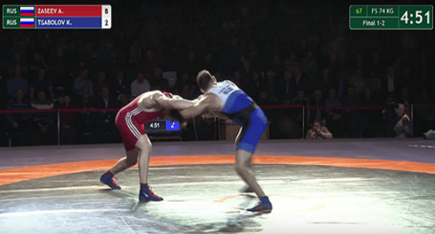 The fight of Alan Zaseev and Khetik Tsabolov. Photo: screenshot of the broadcast by the channel of the Russian Wrestling Federation on YouTube The fight of Alan Zaseev and Khetik Tsabolov. Photo: screenshot of the broadcast by the channel of the Russian Wrestling Federation on YouTube