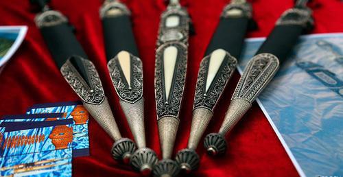Chechen weapons masters' daggers exhibited at the Bladed Weapons International Festival "Dagger 2014". Nazran. Photo: the official website of the Chechen Government's Commission for Tourism http://www.chechentourism.ru Chechen weapons masters' daggers exhibited at the Bladed Weapons International Festival "Dagger 2014". Nazran. Photo: the official website of the Chechen Government's Commission for Tourism http://www.chechentourism.ru