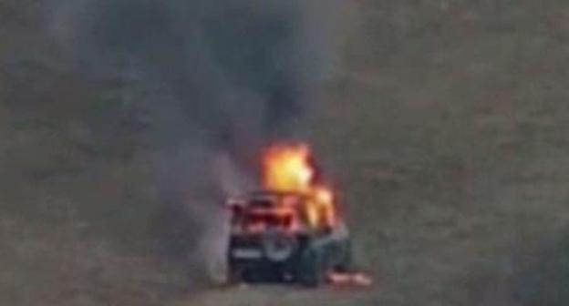A car is on fire in conflict zone. Photo: https://mod.gov.az/ru/foto-arhiv-045/ A car is on fire in conflict zone. Photo: https://mod.gov.az/ru/foto-arhiv-045/