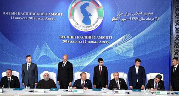 Participants of the V Caspian Summit, August 12, 2018. Photo: http://www.kremlin.ru/events/president/news/58296/photos/54966 Participants of the V Caspian Summit, August 12, 2018. Photo: http://www.kremlin.ru/events/president/news/58296/photos/54966