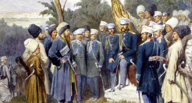 "Imam Shamil surrendered to Count Baryatinsky on August 25, 1859" by Kivshenko, Alexei Danilovich. Central Naval Museum, St. Petersburg http://navalmuseum.ru "Imam Shamil surrendered to Count Baryatinsky on August 25, 1859" by Kivshenko, Alexei Danilovich. Central Naval Museum, St. Petersburg http://navalmuseum.ru