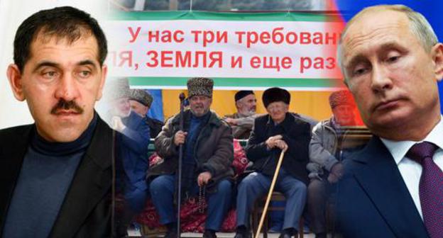 Vladimir Putin, Yunus-Bek Evkurov (from the right), protesters in Magas. Photo: REUTERS, REUTERS, photo courtesy of Yakub Gogiev. Collage by the "Caucasian Knot" Vladimir Putin, Yunus-Bek Evkurov (from the right), protesters in Magas. Photo: REUTERS, REUTERS, photo courtesy of Yakub Gogiev. Collage by the "Caucasian Knot"