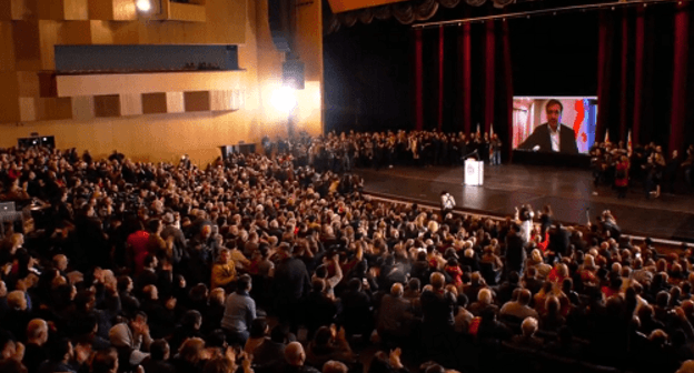 Mikhail Saakashvili's speech for the UNM supporters via Skype in Tbilisi. Photo by the press service of the party
https://www.facebook.com/nacionalurimodzraoba/videos/372906620120619/ Mikhail Saakashvili's speech for the UNM supporters via Skype in Tbilisi. Photo by the press service of the party
https://www.facebook.com/nacionalurimodzraoba/videos/372906620120619/