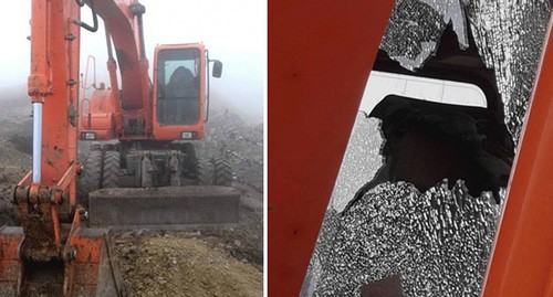 An excavator after shelling. Photo courtesy of the patrol officers of Azerbaijan, collage by the "Caucasian Knot" An excavator after shelling. Photo courtesy of the patrol officers of Azerbaijan, collage by the "Caucasian Knot"
