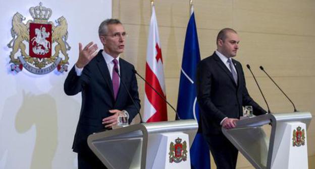 Jens Stoltenberg, the Secretary General of NATO (on the left), and Georgian Prime Minister Mamuka Bakhtadze. Photo by the NATO's press service https://www.nato.int/cps/en/natohq/opinions_164822.htm?selectedLocale=en Jens Stoltenberg, the Secretary General of NATO (on the left), and Georgian Prime Minister Mamuka Bakhtadze. Photo by the NATO's press service https://www.nato.int/cps/en/natohq/opinions_164822.htm?selectedLocale=en