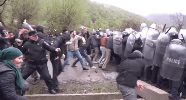 Clashes of protesters with the police in the Pankisi Gorge. Screenshot of the video by the Georgian Public Broadcasting https://www.youtube.com/watch?time_continue=58&v=TpVeQeOK82g Clashes of protesters with the police in the Pankisi Gorge. Screenshot of the video by the Georgian Public Broadcasting https://www.youtube.com/watch?time_continue=58&v=TpVeQeOK82g
