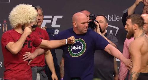 Khabib Nurmagomedov (left) and Conor McGregor. Photo: ESPN https://www.youtube.com/watch?v=CGWb1DRo_mo&feature=youtu.be Khabib Nurmagomedov (left) and Conor McGregor. Photo: ESPN https://www.youtube.com/watch?v=CGWb1DRo_mo&feature=youtu.be