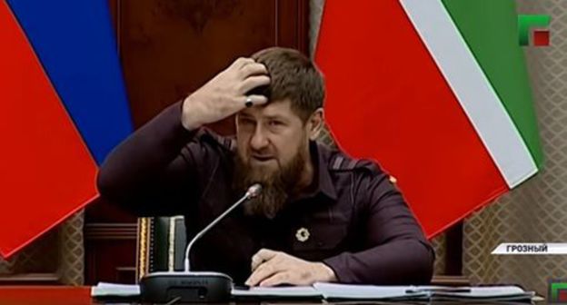 Ramzan Kadyrov at a meeting with the Chechen government, November 5, 2019. Screenshot from the video posted by ChGTRK 'Grozny' at https://www.youtube.com/watch?v=rPQzE5F2u0w Ramzan Kadyrov at a meeting with the Chechen government, November 5, 2019. Screenshot from the video posted by ChGTRK 'Grozny' at https://www.youtube.com/watch?v=rPQzE5F2u0w