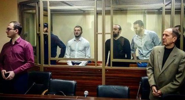 Defendants in a case on plotting of terror acts at the French Embassy in Moscow (from left to right): Salamkhan Sampiev, Ruslan Esmurziev, Khusein Kitiev, Magomed Amatkhanov, and Elbert Kharsiev. Photo by Konstantin Volgin for the "Caucasian Knot" Defendants in a case on plotting of terror acts at the French Embassy in Moscow (from left to right): Salamkhan Sampiev, Ruslan Esmurziev, Khusein Kitiev, Magomed Amatkhanov, and Elbert Kharsiev. Photo by Konstantin Volgin for the "Caucasian Knot"