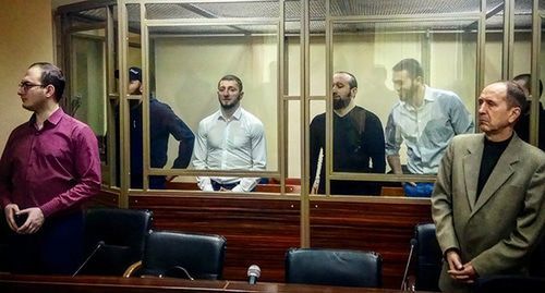 Defendants in a case on plotting of terror acts at the French Embassy in Moscow (from left to right): Salamkhan Sampiev, Ruslan Esmurziev, Khusein Kitiev, Magomed Amatkhanov, and Elbert Kharsiev. Photo by Konstantin Volgin for the "Caucasian Knot" Defendants in a case on plotting of terror acts at the French Embassy in Moscow (from left to right): Salamkhan Sampiev, Ruslan Esmurziev, Khusein Kitiev, Magomed Amatkhanov, and Elbert Kharsiev. Photo by Konstantin Volgin for the "Caucasian Knot"
