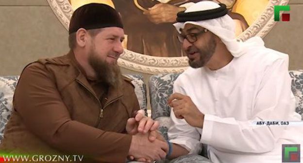 Ramzan Kadyrov and Sheikh Sultan bin Zayed Al Nahyan. Screenshort of the report by the "Grozny" TV channel https://www.youtube.com/watch?v=eyiL6ugFT2U Ramzan Kadyrov and Sheikh Sultan bin Zayed Al Nahyan. Screenshort of the report by the "Grozny" TV channel https://www.youtube.com/watch?v=eyiL6ugFT2U