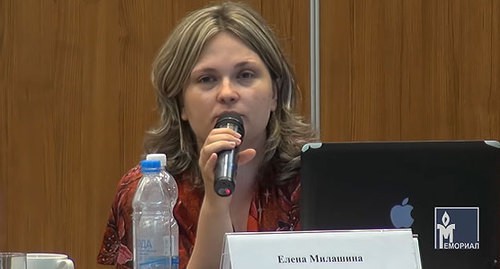 Elena Milashina. Screenshot from the Youtube video posted HRC 'Memorial' at: https://www.youtube.com/watch?v=8-BkcWQP5L0 Elena Milashina. Screenshot from the Youtube video posted HRC 'Memorial' at: https://www.youtube.com/watch?v=8-BkcWQP5L0