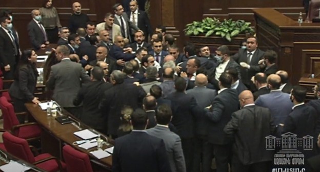 A mass brawl at a sitting of the Armenian parliament. Screenshot of the video at the Parliament of Armenia YouTube channel https://www.youtube.com/watch?v=fvSLd2aH2DY&feature=youtu.be A mass brawl at a sitting of the Armenian parliament. Screenshot of the video at the Parliament of Armenia YouTube channel https://www.youtube.com/watch?v=fvSLd2aH2DY&feature=youtu.be