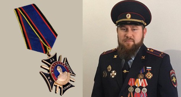 Zamid Chalaev, a commander of the Chechen special forces regiment, demonstrates a medal "For Service in the Caucasus". A picture of a medal "For Service in the Caucasus" is on the left. Collage by the "Caucasian Knot". Photo http://knagrade.ru/ https://www.instagram.com/p/CCkh3z3qc4L Zamid Chalaev, a commander of the Chechen special forces regiment, demonstrates a medal "For Service in the Caucasus". A picture of a medal "For Service in the Caucasus" is on the left. Collage by the "Caucasian Knot". Photo http://knagrade.ru/ https://www.instagram.com/p/CCkh3z3qc4L