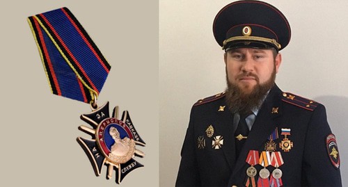 Zamid Chalaev, a commander of the Chechen special forces regiment, demonstrates a medal "For Service in the Caucasus". A picture of a medal "For Service in the Caucasus" is on the left. Collage by the "Caucasian Knot". Photo http://knagrade.ru/ https://www.instagram.com/p/CCkh3z3qc4L Zamid Chalaev, a commander of the Chechen special forces regiment, demonstrates a medal "For Service in the Caucasus". A picture of a medal "For Service in the Caucasus" is on the left. Collage by the "Caucasian Knot". Photo http://knagrade.ru/ https://www.instagram.com/p/CCkh3z3qc4L