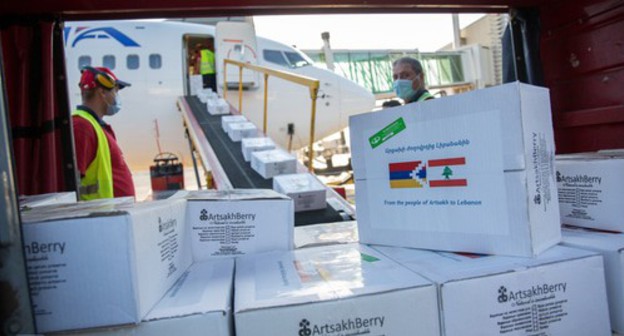 Food aid for Lebanese Armenians is loaded onto the plane in Nagorno-Karabakh. Zvartnots International Airport, Yerevan, Armenia. August 9, 2020. Photo from the page of Arayik Harutyunian, President of Artsakh, on Facebook FB ArayikHarutyunian Food aid for Lebanese Armenians is loaded onto the plane in Nagorno-Karabakh. Zvartnots International Airport, Yerevan, Armenia. August 9, 2020. Photo from the page of Arayik Harutyunian, President of Artsakh, on Facebook FB ArayikHarutyunian