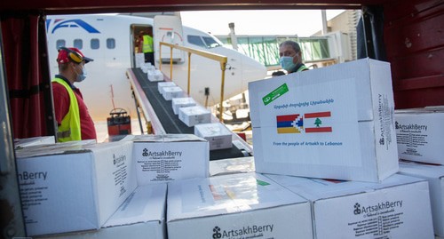 Food aid for Lebanese Armenians is loaded onto the plane in Nagorno-Karabakh. Zvartnots International Airport, Yerevan, Armenia. August 9, 2020. Photo from the page of Arayik Harutyunian, President of Artsakh, on Facebook FB ArayikHarutyunian Food aid for Lebanese Armenians is loaded onto the plane in Nagorno-Karabakh. Zvartnots International Airport, Yerevan, Armenia. August 9, 2020. Photo from the page of Arayik Harutyunian, President of Artsakh, on Facebook FB ArayikHarutyunian